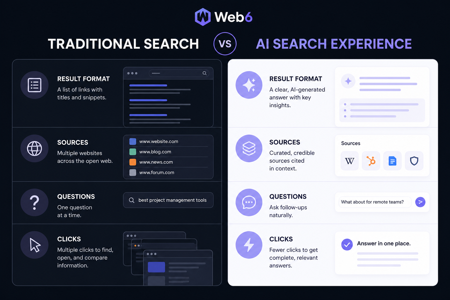 Comparison of traditional search results and AI-generated search experiences
