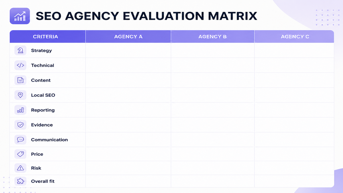 Blank SEO agency evaluation matrix for comparing three proposals