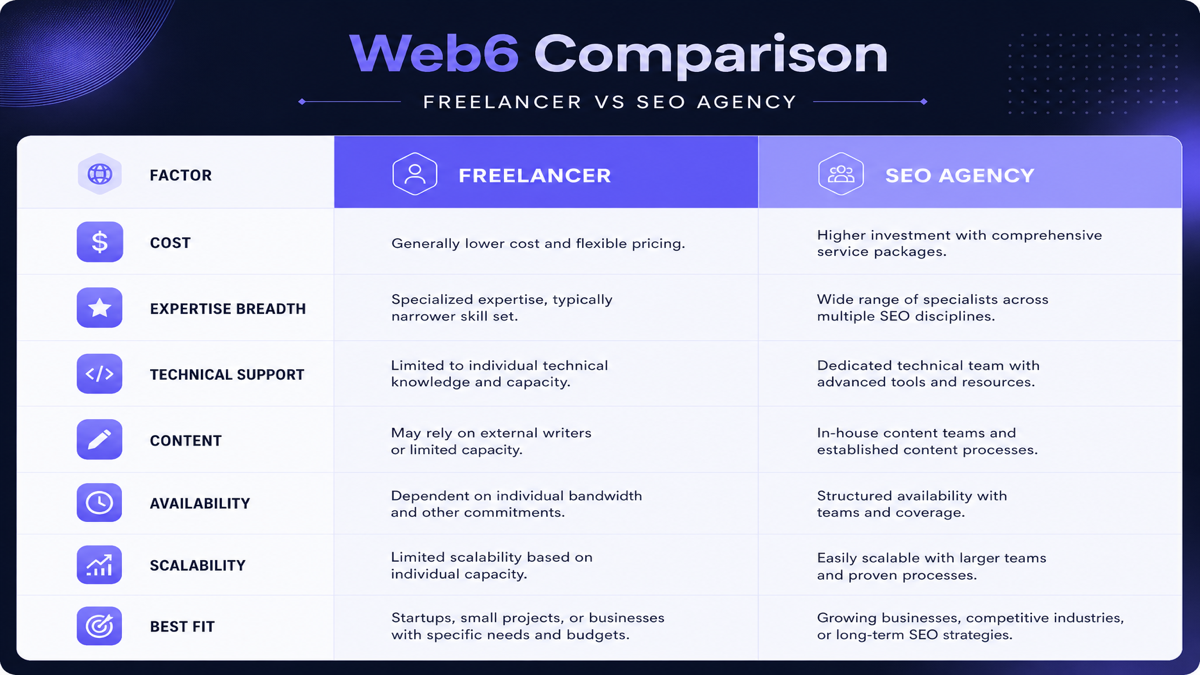 Comparison of SEO freelancer versus SEO agency across cost expertise and scalability