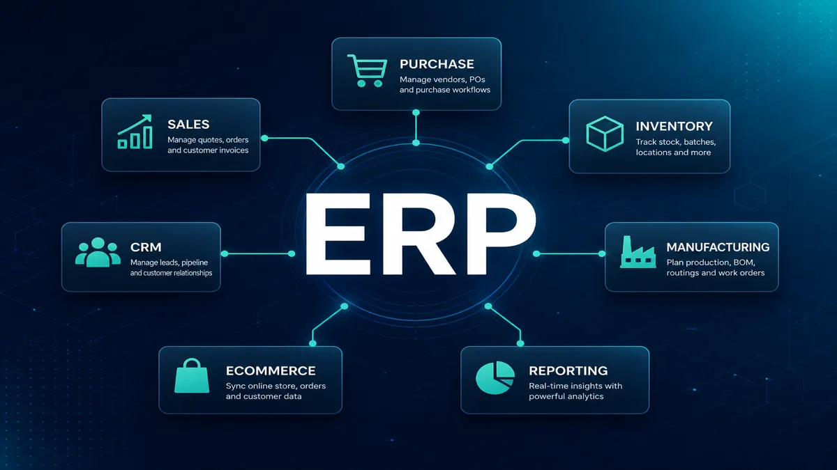 Custom ERP connected to sales, purchase, inventory, manufacturing, CRM, ecommerce and reporting modules