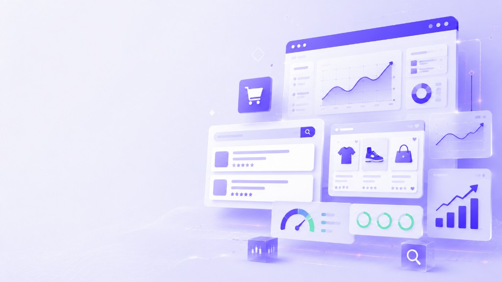 Ecommerce SEO strategy illustration with analytics panels, shopping cards, and performance charts for Surat ecommerce growth