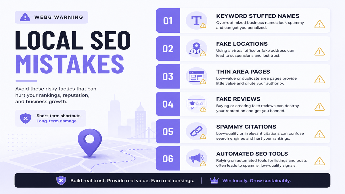 Common local SEO mistakes including fake locations thin area pages and fake reviews