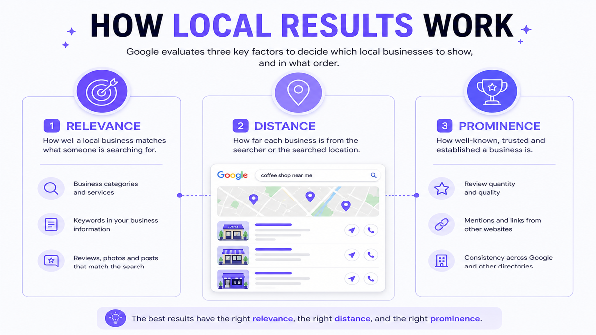 Google local results factors relevance distance and prominence