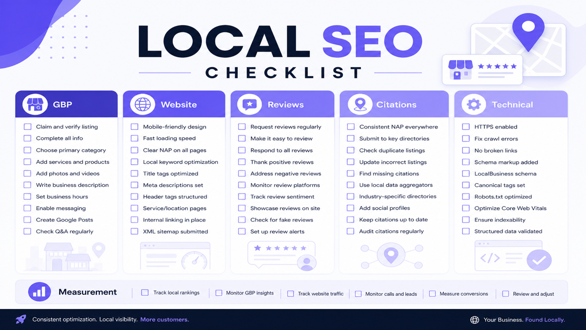 Master local SEO checklist covering GBP website reviews citations and measurement
