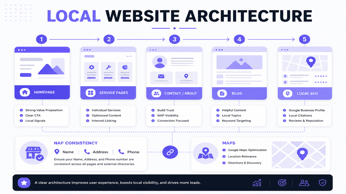 Local website architecture connecting homepage service pages contact and blog