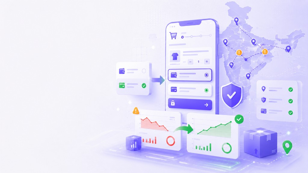 Shopify cash on delivery risk control and India logistics illustration with checkout rules, maps, and performance dashboards