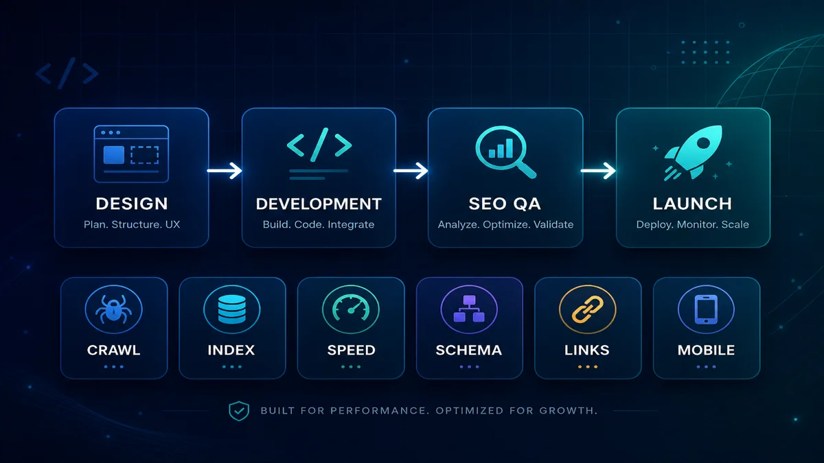SEO-friendly website development flow from design through development, SEO QA and launch