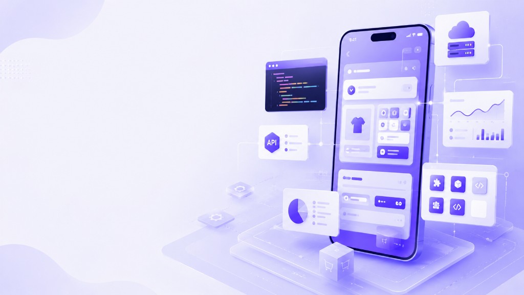Isometric Shopify app development illustration with smartphone admin UI, API modules, analytics charts, and cloud deployment nodes in soft purple tones