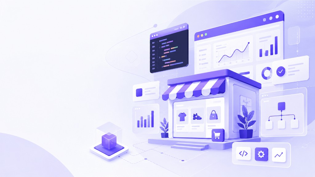 Shopify development illustration with storefront, code editor, analytics dashboard, and ecommerce tools for Surat merchants