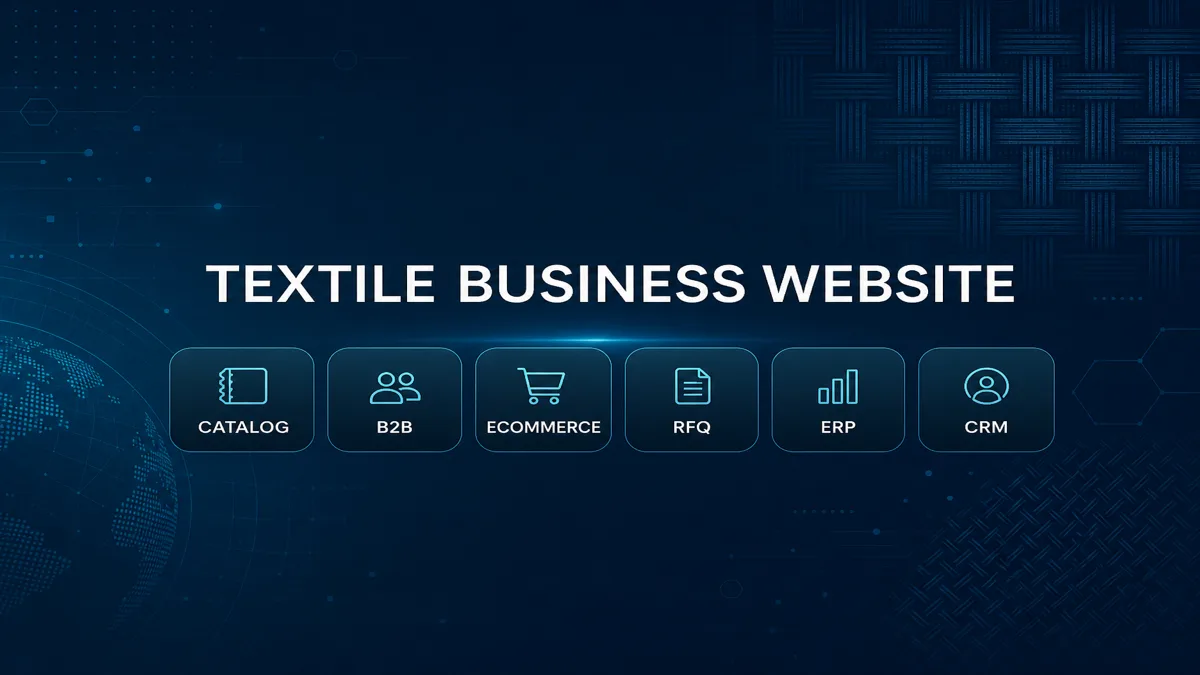 Textile business website features including catalog, B2B, ecommerce, RFQ, ERP and CRM