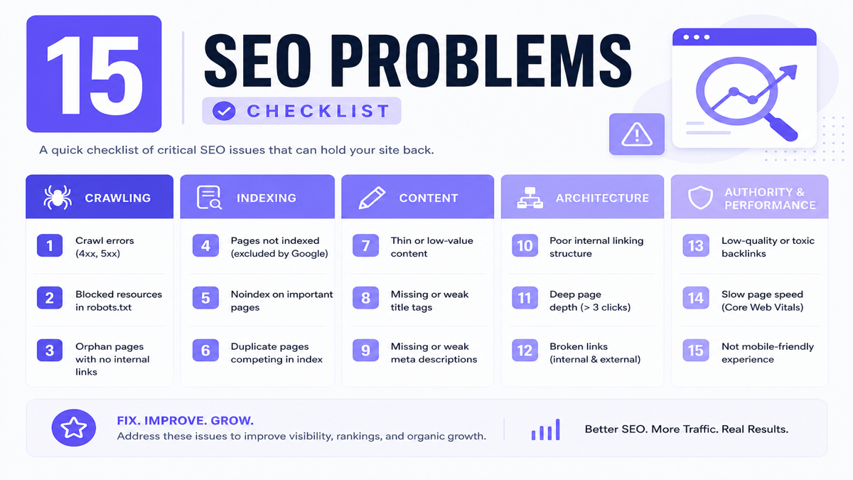 Checklist of 15 technical and content SEO problems that stop rankings