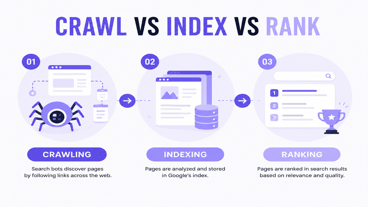 Diagram comparing crawling indexing and ranking stages for Google Search