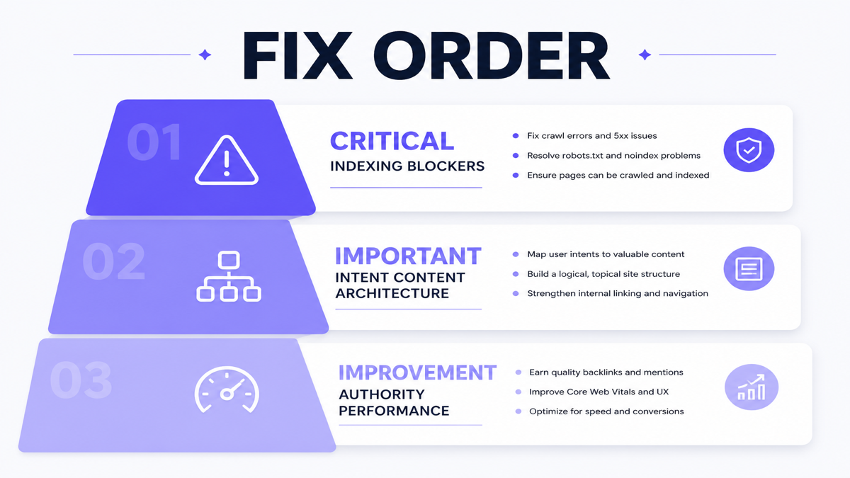 Priority order for SEO fixes from critical indexing blockers to authority improvements
