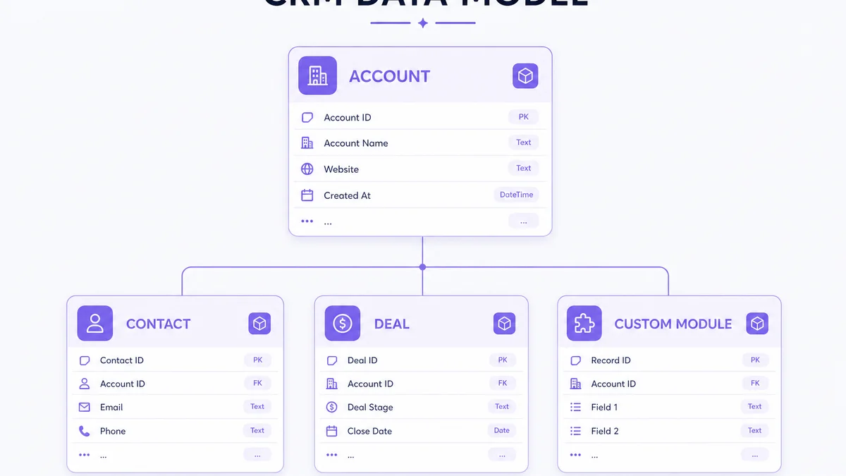CRM data model showing Account related to Contact, Deal and a custom module