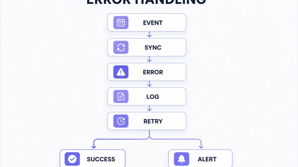 Integration error handling flow from event through sync, error, log, retry, and success or alert