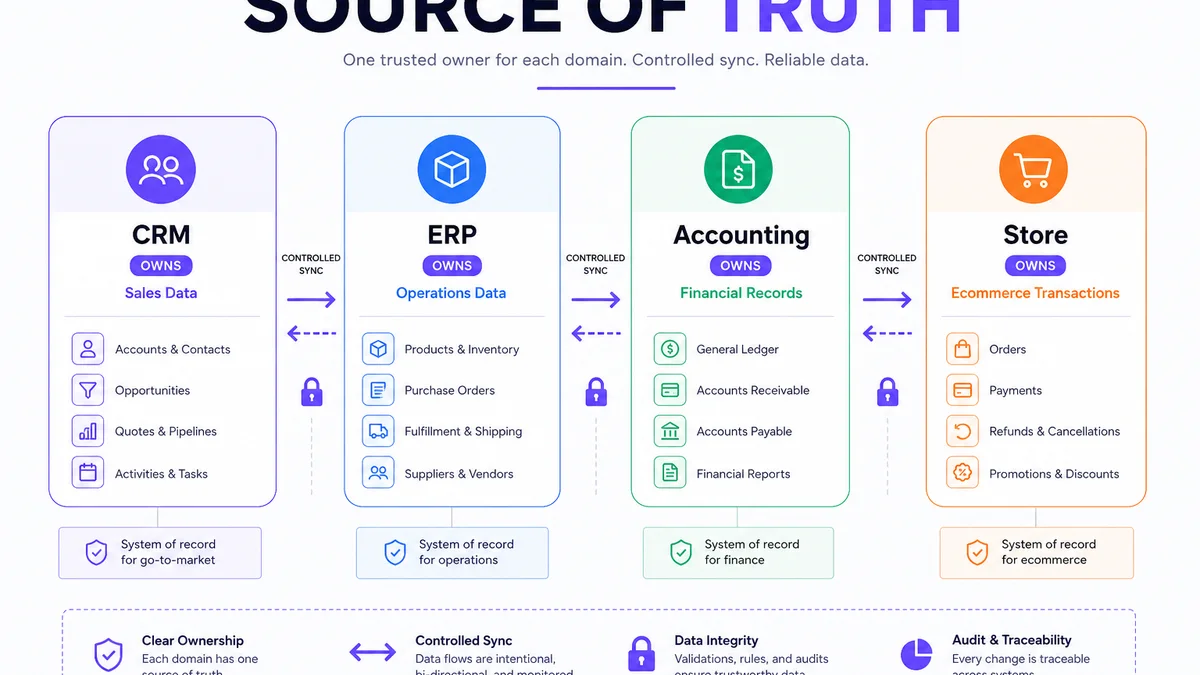 Source of truth diagram showing CRM, ERP, accounting and store owning different data with controlled sync