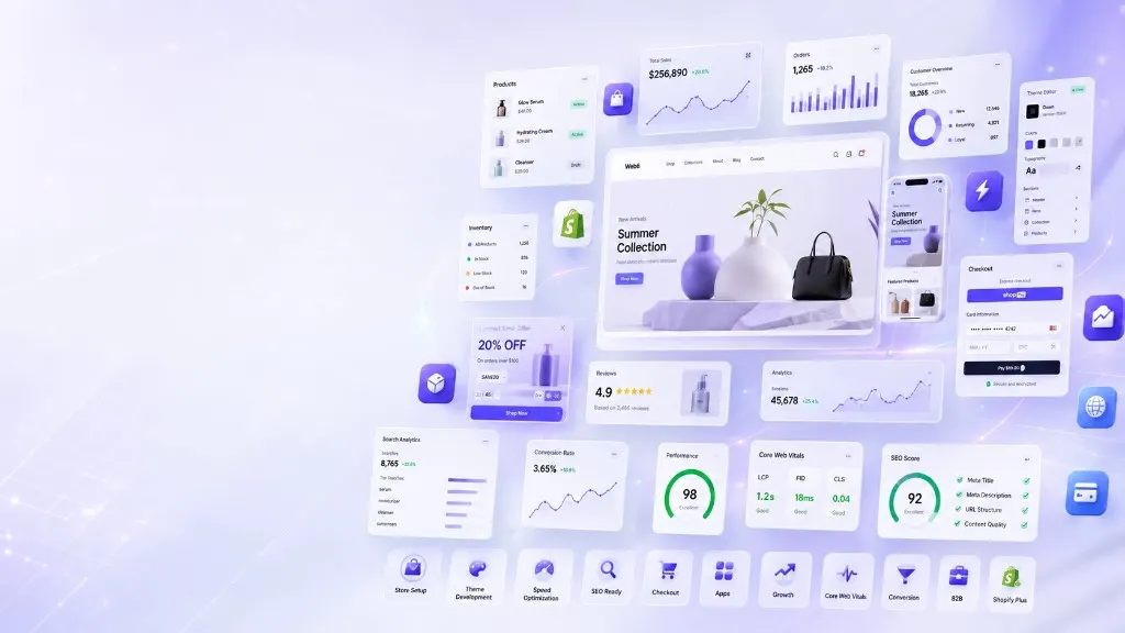 Shopify development dashboard collage showing storefront, mobile store, Core Web Vitals, SEO score, analytics, and Shopify services by Web6 in Surat