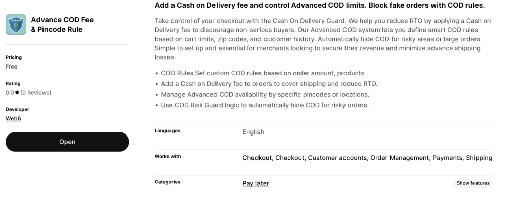Advance COD Fee and Pincode Rule on the Shopify App Store
