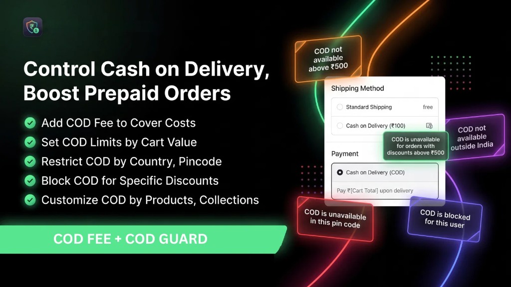 COD Risk Guard Shopify COD fee and pincode rules marketing banner showing Cash on Delivery controls