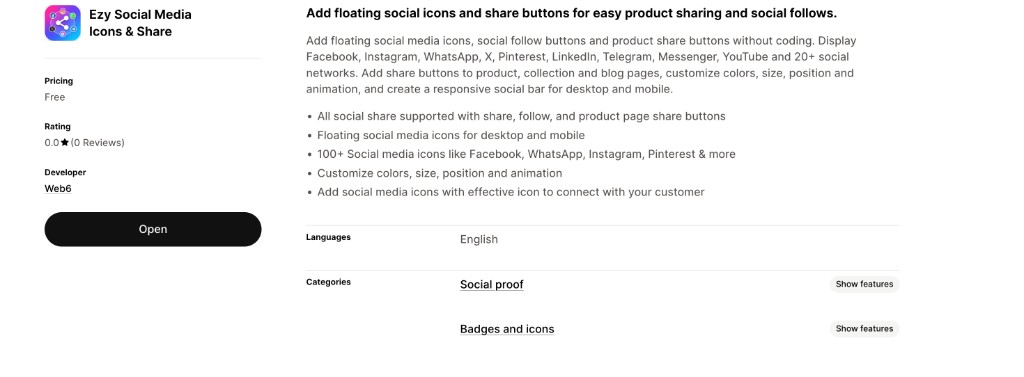 Ezy Social Media Icons and Share on the Shopify App Store by Web6