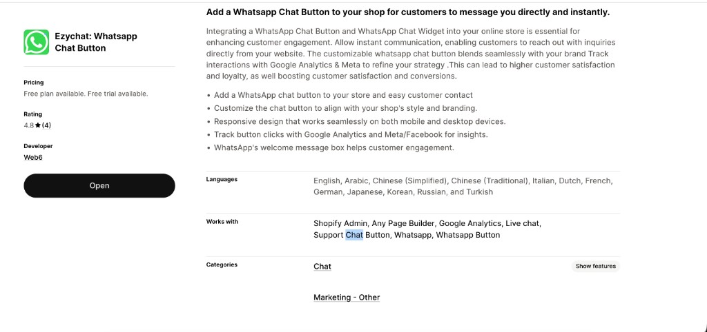 Ezychat WhatsApp Chat Button on the Shopify App Store