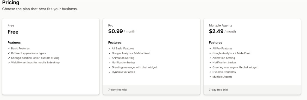 Ezychat pricing plans: Free, Pro at $0.99 per month, and Multiple Agents at $2.49 per month